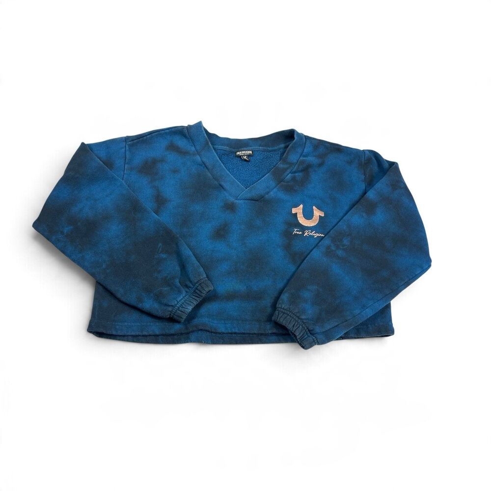 True Religion Foil V-Neck Cropped Sweatshirt Blue Tie Dye Y2K Casual Pullover M